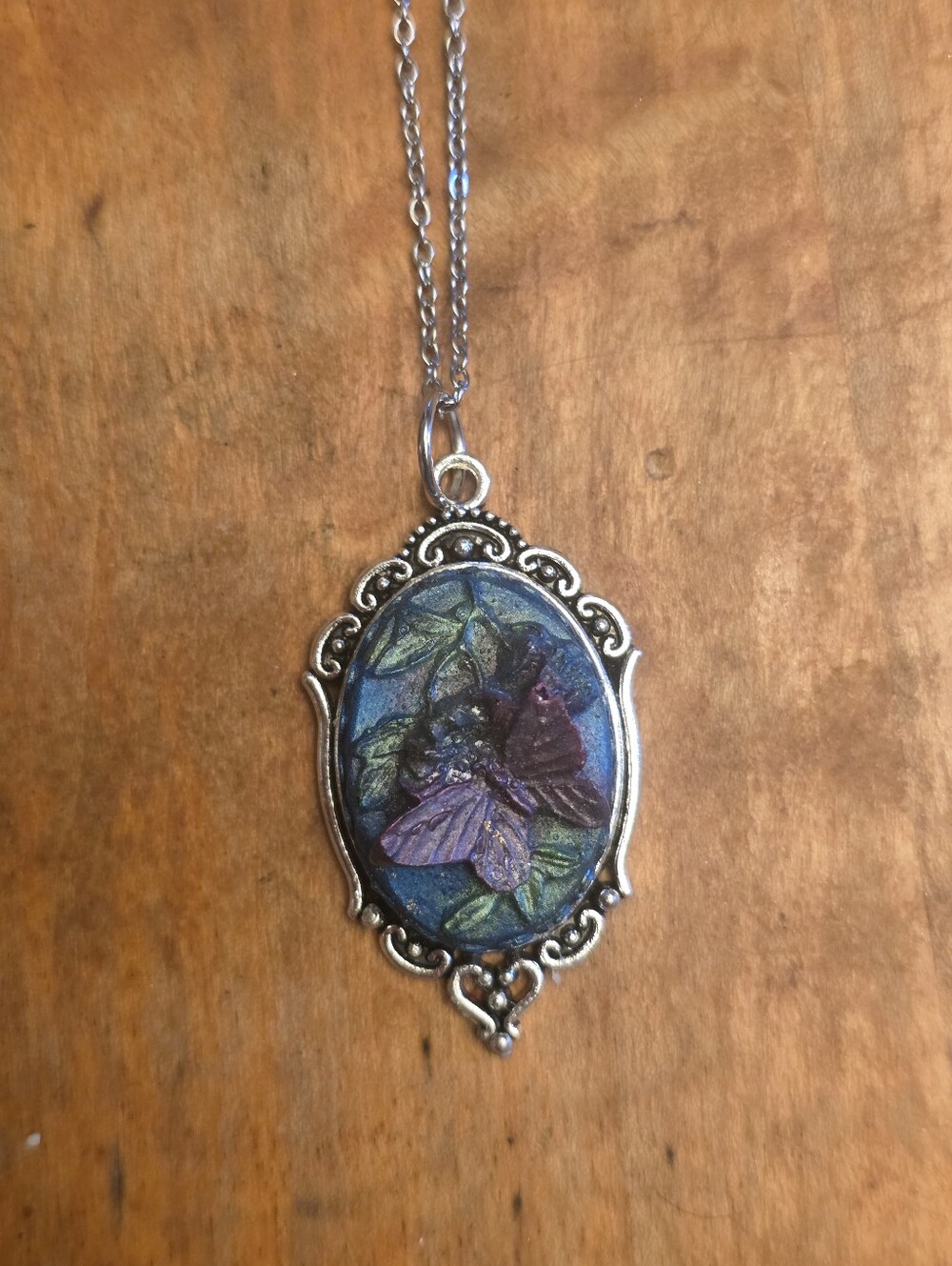 Purple Resin Butterfly Pendant In Silver Tone Bezel On A 18" Chain Necklace